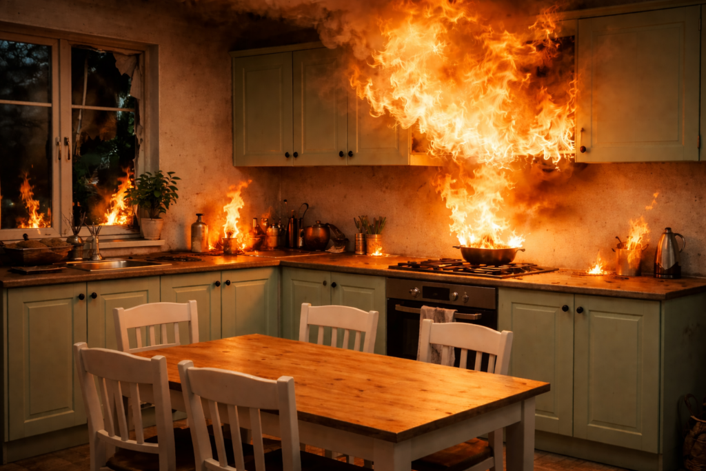 Brennende Küche mit Feuer auf dem Herd – Symbolbild für Unfälle und Sicherheit zu Hause im DaF- und DaZ-Unterricht
