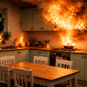 Brennende Küche mit Feuer auf dem Herd – Symbolbild für Unfälle und Sicherheit zu Hause im DaF- und DaZ-Unterricht