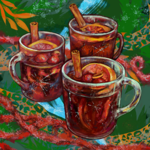 Illustration mit Gläsern Glühwein, Zimtstangen und winterlichen Motiven – Produktbild für DaF Konversation Silvester und Neujahr