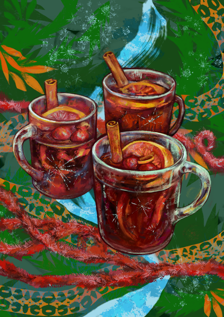 Illustration mit Gläsern Glühwein, Zimtstangen und winterlichen Motiven – Produktbild für DaF Konversation Silvester und Neujahr
