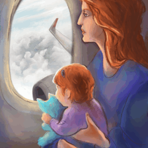 Digitale Illustration einer Mutter mit ihrem kleinen Kind im Flugzeug. Das Kind sitzt auf ihrem Schoß, hält ein Kuscheltier und beide schauen während des Flugs aus dem Fenster. Das Bild gehört zu einem DaF/DaZ-Material zum Thema „Fliegen“ für Konversationsübungen.