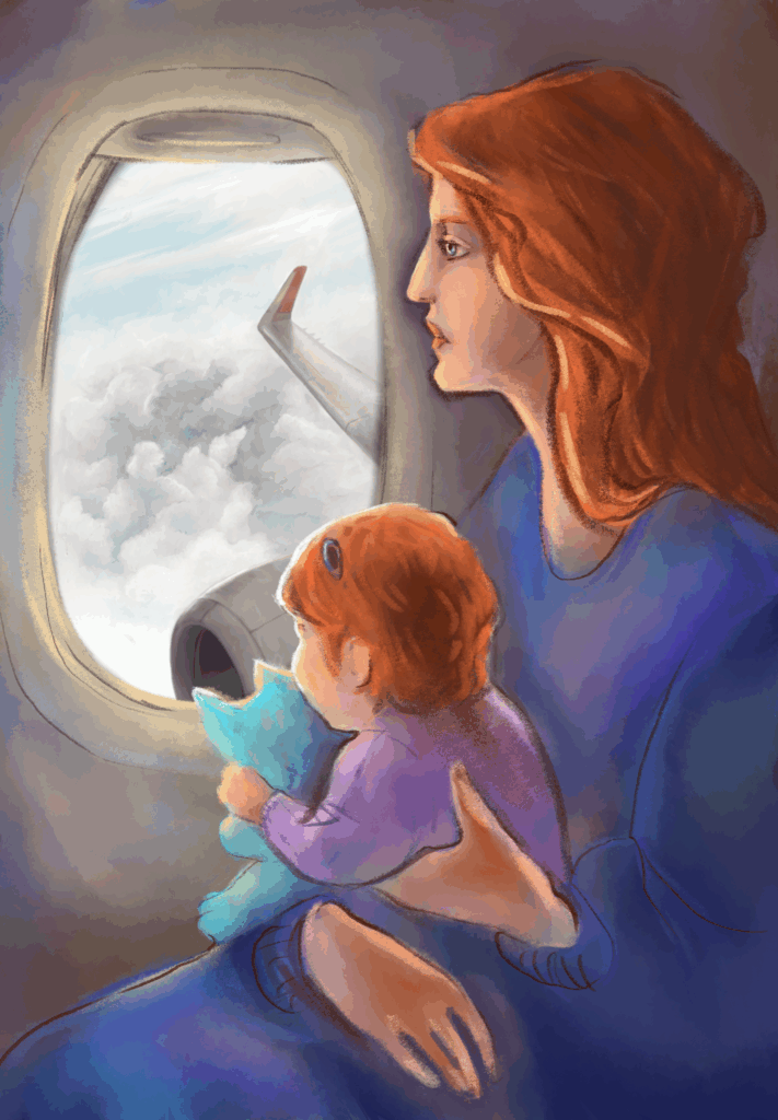 Digitale Illustration einer Mutter mit ihrem kleinen Kind im Flugzeug. Das Kind sitzt auf ihrem Schoß, hält ein Kuscheltier und beide schauen während des Flugs aus dem Fenster. Das Bild gehört zu einem DaF/DaZ-Material zum Thema „Fliegen“ für Konversationsübungen.