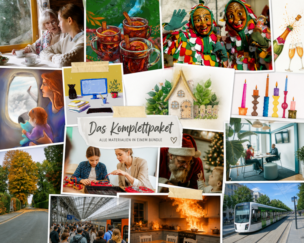 Collage aus verschiedenen DaF-Unterrichtssituationen und Alltagsthemen wie Familie, Reisen, Feste, Wohnen und Kommunikation – Darstellung eines umfassenden Deutschlernmaterial-Bundles