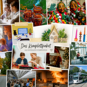 Collage aus verschiedenen DaF-Unterrichtssituationen und Alltagsthemen wie Familie, Reisen, Feste, Wohnen und Kommunikation – Darstellung eines umfassenden Deutschlernmaterial-Bundles